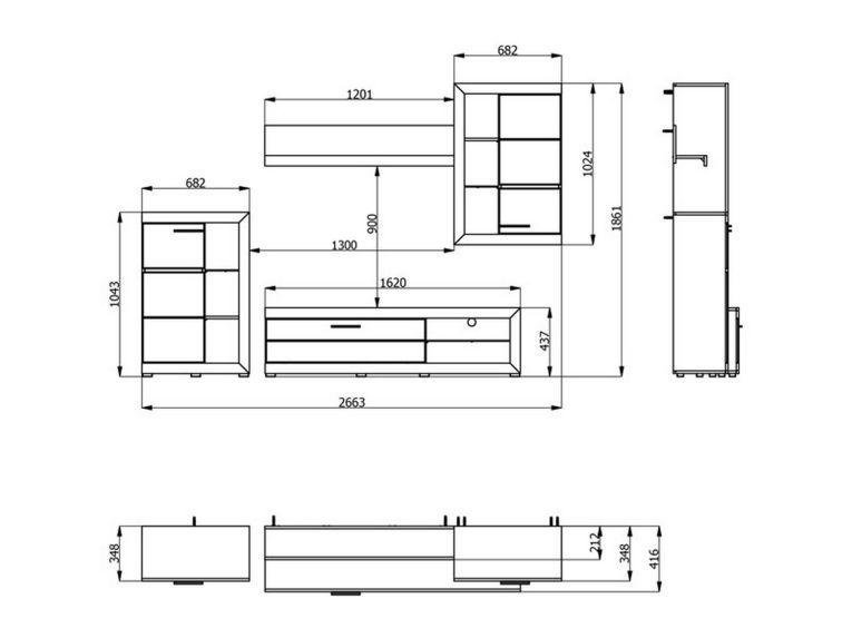 Parete Attrezzata Bianco Grigio Cemento 10 Ripiani 3 Ante 266.5x41.5x186h cm, Ripiani in Vetro - Dongo