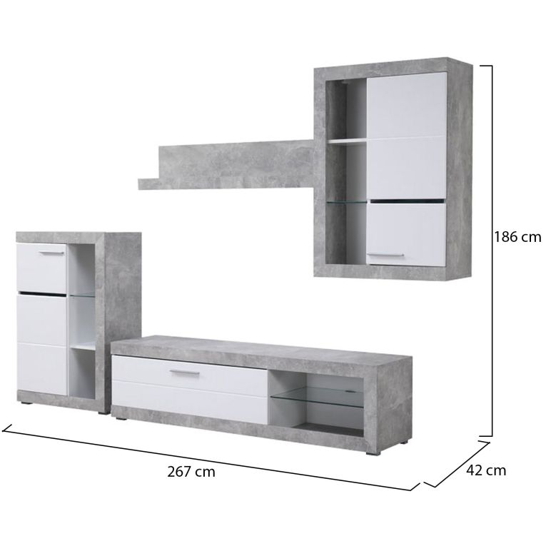 Parete Attrezzata Bianco Grigio Cemento 10 Ripiani 3 Ante 266.5x41.5x186h cm, Ripiani in Vetro - Dongo