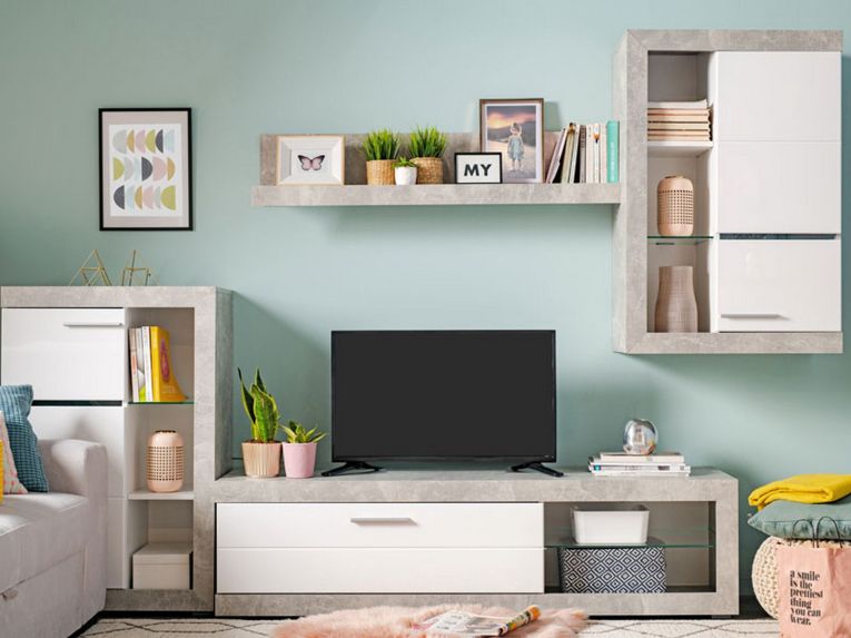 Parete Attrezzata Bianco Grigio Cemento 10 Ripiani 3 Ante 266.5x41.5x186h cm, Ripiani in Vetro - Dongo