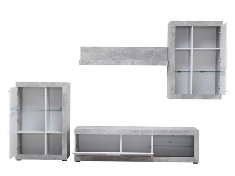 Parete Attrezzata Bianco Grigio Cemento 10 Ripiani 3 Ante 266.5x41.5x186h cm, Ripiani in Vetro - Dongo