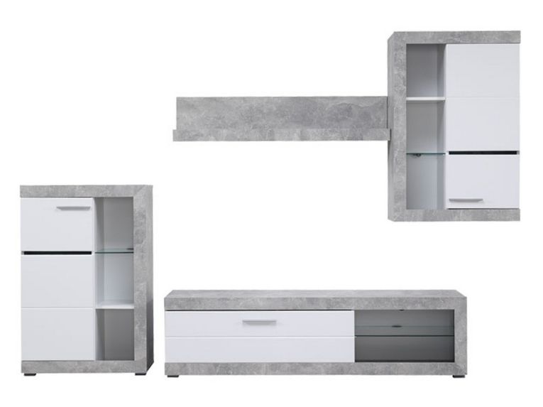 Parete Attrezzata Bianco Grigio Cemento 10 Ripiani 3 Ante 266.5x41.5x186h cm, Ripiani in Vetro - Dongo