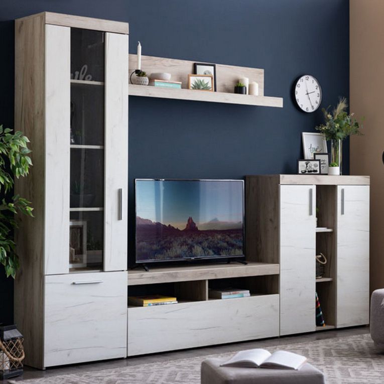 Parete Attrezzata Bianco Larice Marrone Rovere Nodi Modulabile 14 Ripiani 262x35x195h cm, Cassetti - Oggiono