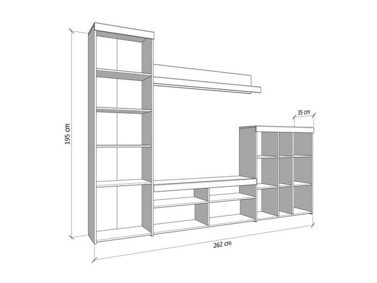 Parete Attrezzata Bianco Larice Marrone Rovere Nodi Modulabile 14 Ripiani 262x35x195h cm, Cassetti - Oggiono