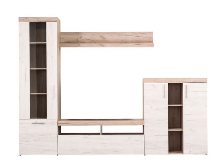 Parete Attrezzata Bianco Larice Marrone Rovere Nodi Modulabile 14 Ripiani 262x35x195h cm, Cassetti - Oggiono