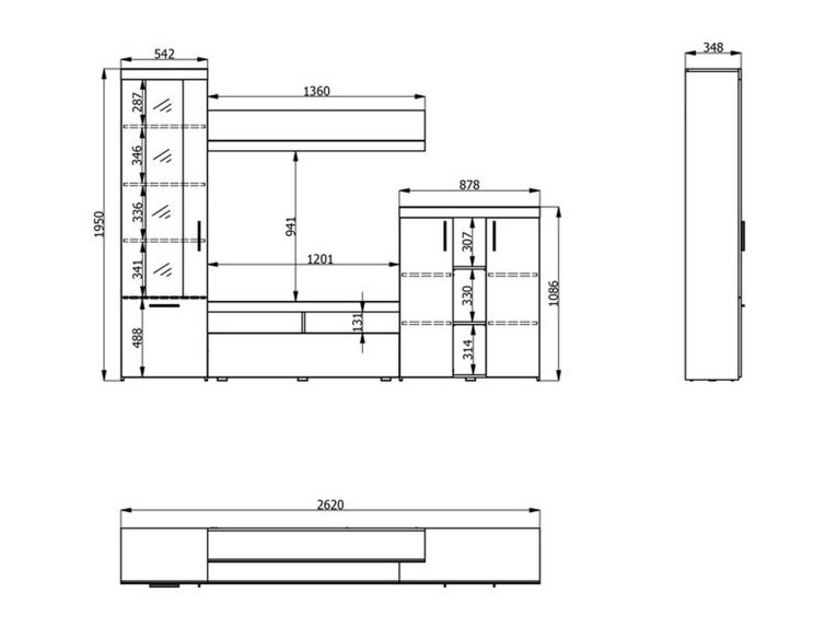 Parete Attrezzata Bianco Larice Marrone Rovere Nodi Modulabile 14 Ripiani 262x35x195h cm, Cassetti - Oggiono