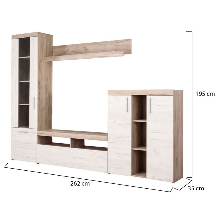 Parete Attrezzata Bianco Larice Marrone Rovere Nodi Modulabile 14 Ripiani 262x35x195h cm, Cassetti - Oggiono
