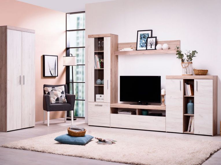 Parete Attrezzata Bianco Larice Marrone Rovere Nodi Modulabile 14 Ripiani 262x35x195h cm, Cassetti - Oggiono