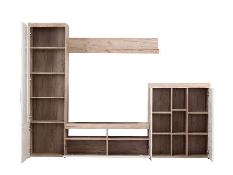 Parete Attrezzata Bianco Larice Marrone Rovere Nodi Modulabile 14 Ripiani 262x35x195h cm, Cassetti - Oggiono