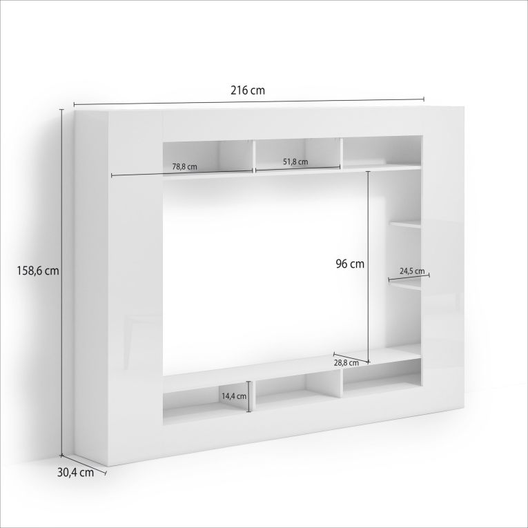 Parete Attrezzata Bianco Lucido 7 Ripiani Cassetti 216x30.4x158.6h cm, - Sadali
