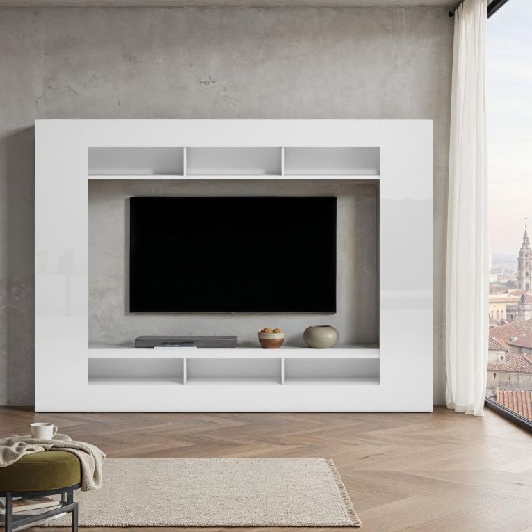 Parete Attrezzata Bianco Lucido 7 Ripiani Cassetti 216x30.4x158.6h cm, - Sadali