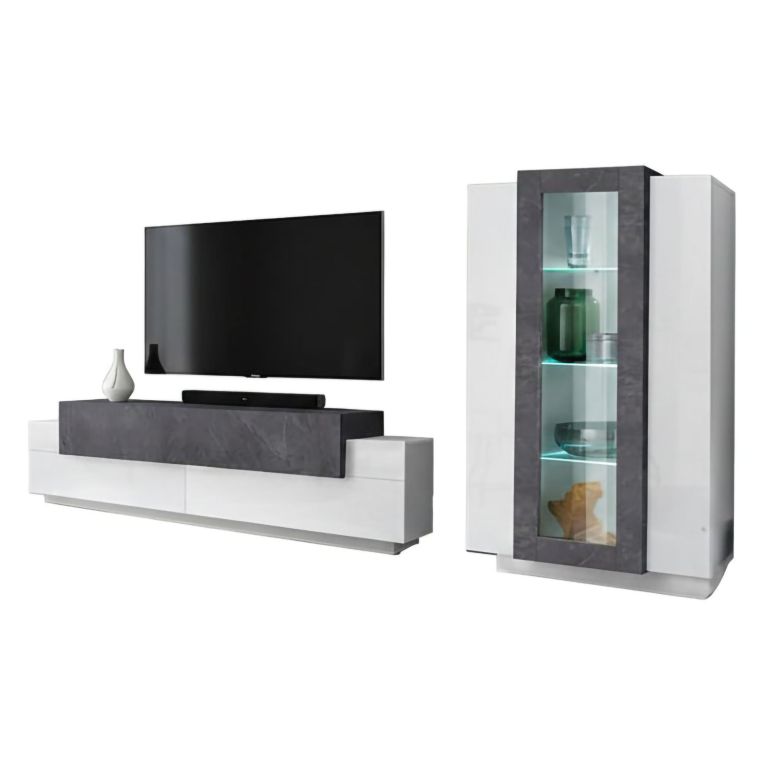 Parete Attrezzata Bianco Lucido Grigio Ardesia Modulabile 7 Ripiani, 14 Vani Made in Italy - Maja
