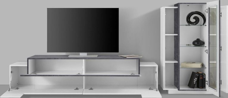 Parete Attrezzata Bianco Lucido Grigio Ardesia Modulabile 7 Ripiani, 14 Vani Made in Italy - Maja
