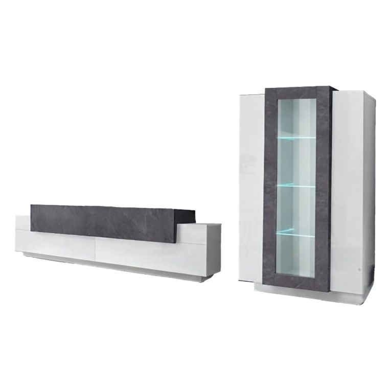 Parete Attrezzata Bianco Lucido Grigio Ardesia Modulabile 7 Ripiani, 14 Vani Made in Italy - Maja