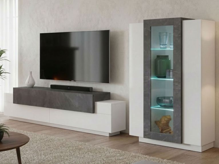 Parete Attrezzata Bianco Lucido Grigio Ardesia Modulabile 7 Ripiani, 14 Vani Made in Italy - Maja