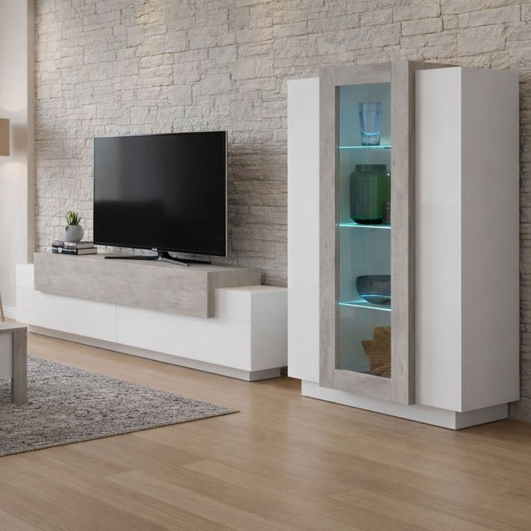 Parete Attrezzata Bianco Lucido Grigio Cemento Modulabile 7 Ripiani, 14 Vani Made in Italy - Maja