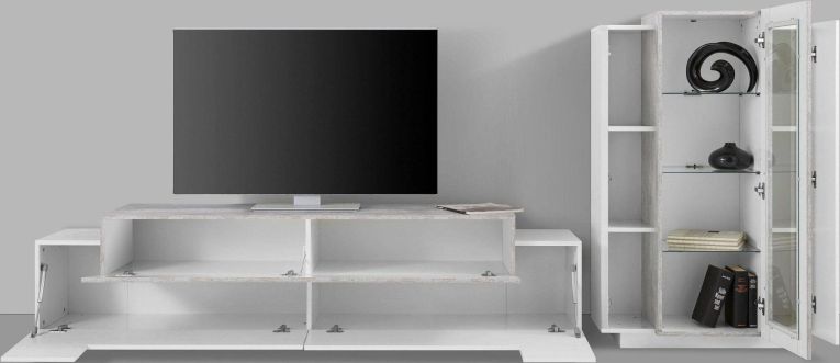 Parete Attrezzata Bianco Lucido Grigio Cemento Modulabile 7 Ripiani, 14 Vani Made in Italy - Maja