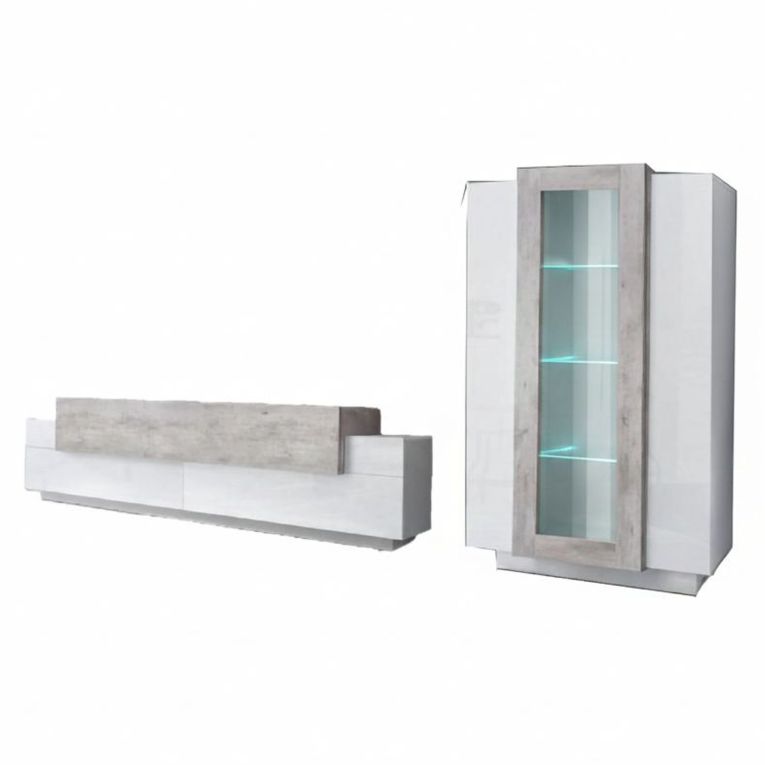 Parete Attrezzata Bianco Lucido Grigio Cemento Modulabile 7 Ripiani, 14 Vani Made in Italy - Maja