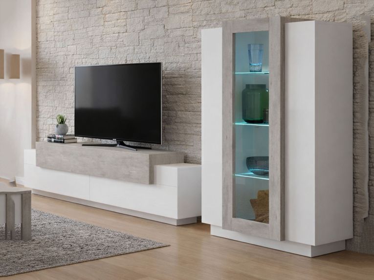 Parete Attrezzata Bianco Lucido Grigio Cemento Modulabile 7 Ripiani, 14 Vani Made in Italy - Maja