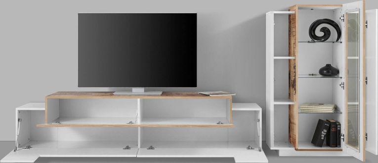 Parete Attrezzata Bianco Lucido Marrone Pero Modulabile 7 Ripiani, 14 Vani Made in Italy - Maja