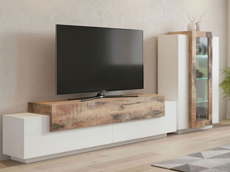 Parete Attrezzata Bianco Lucido Marrone Pero Modulabile 7 Ripiani, 14 Vani Made in Italy - Maja