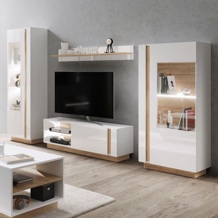 Parete Attrezzata Bianco Lucido Marrone Rovere Modulabile 8 Ripiani, 11 Vani - Kanazala