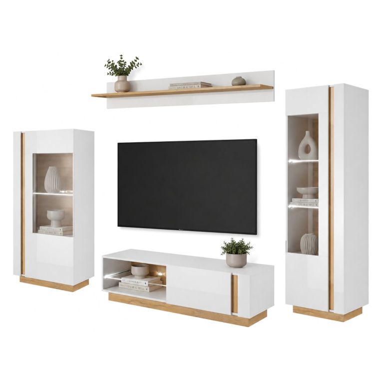 Parete Attrezzata Bianco Lucido Marrone Rovere Modulabile 8 Ripiani, 11 Vani - Kanazala