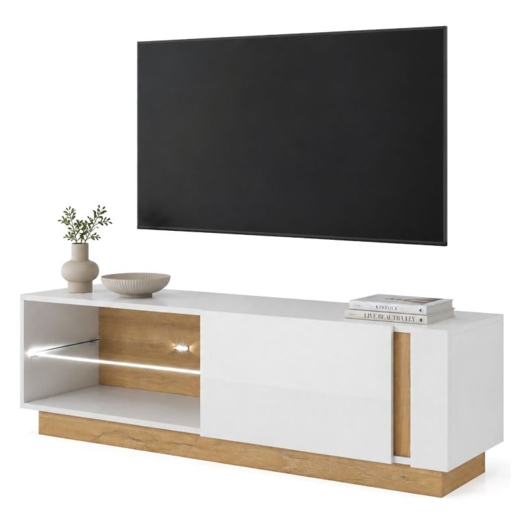 Parete Attrezzata Bianco Lucido Marrone Rovere Modulabile 8 Ripiani, 11 Vani - Kanazala