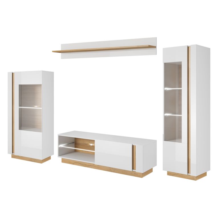 Parete Attrezzata Bianco Lucido Marrone Rovere Modulabile 8 Ripiani, 11 Vani - Kanazala