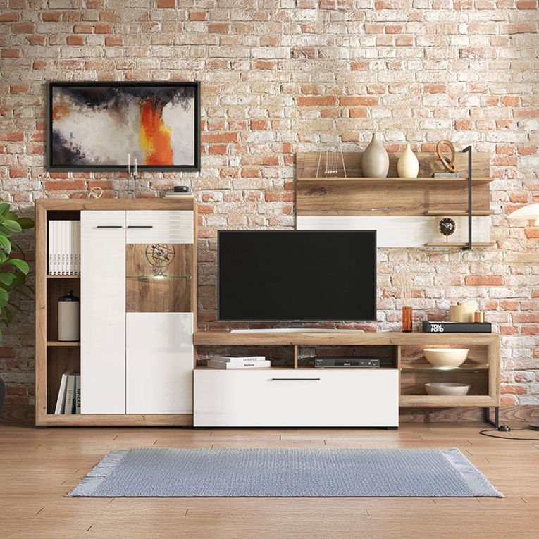 Parete Attrezzata Bianco Marrone Noce Modulabile 10 Ripiani 263x40x162.5h cm, 3 Ante - Dueville