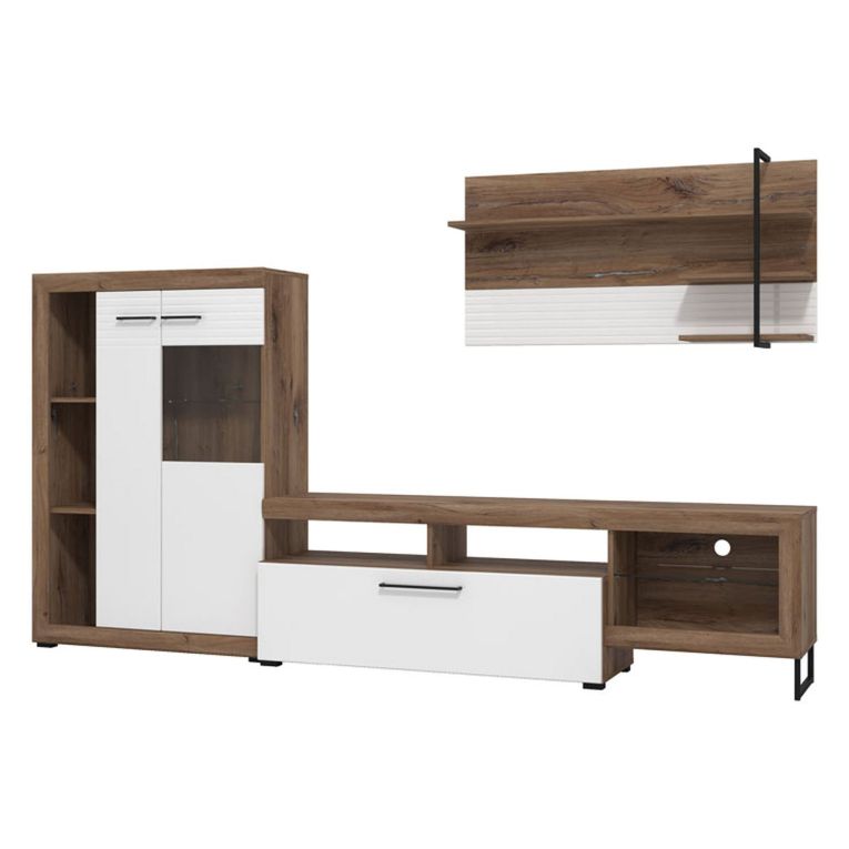 Parete Attrezzata Bianco Marrone Noce Modulabile 10 Ripiani 263x40x162.5h cm, 3 Ante - Dueville