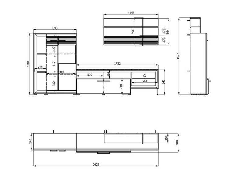 Parete Attrezzata Bianco Marrone Noce Modulabile 10 Ripiani 263x40x162.5h cm, 3 Ante - Dueville