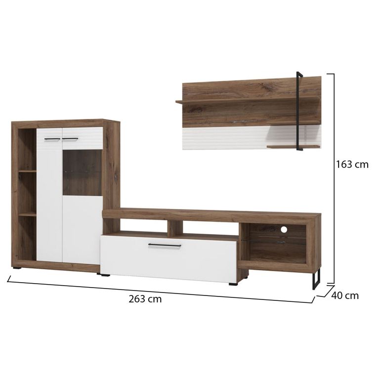 Parete Attrezzata Bianco Marrone Noce Modulabile 10 Ripiani 263x40x162.5h cm, 3 Ante - Dueville