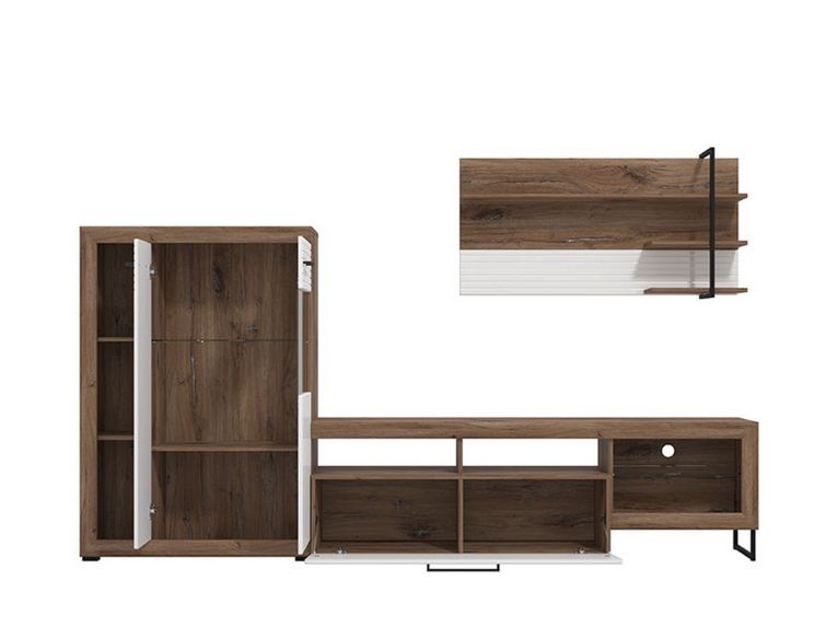 Parete Attrezzata Bianco Marrone Noce Modulabile 10 Ripiani 263x40x162.5h cm, 3 Ante - Dueville