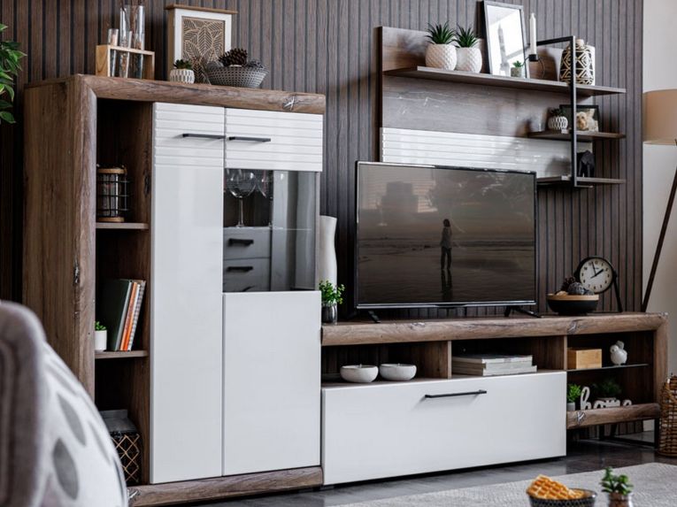 Parete Attrezzata Bianco Marrone Noce Modulabile 10 Ripiani 263x40x162.5h cm, 3 Ante - Dueville