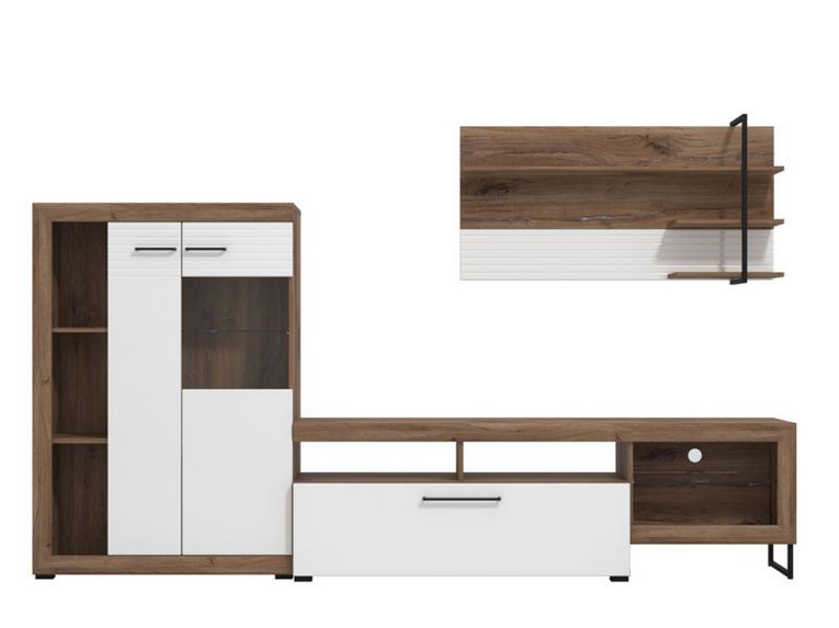 Parete Attrezzata Bianco Marrone Noce Modulabile 10 Ripiani 263x40x162.5h cm, 3 Ante - Dueville
