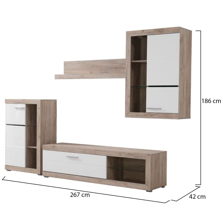 Parete Attrezzata Bianco Marrone Rovere Grigio 10 Ripiani 3 Ante 266.5x41.5x186h cm, Ripiani in Vetro - Dongo