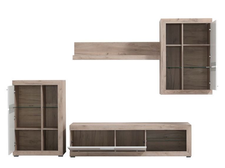 Parete Attrezzata Bianco Marrone Rovere Grigio 10 Ripiani 3 Ante 266.5x41.5x186h cm, Ripiani in Vetro - Dongo
