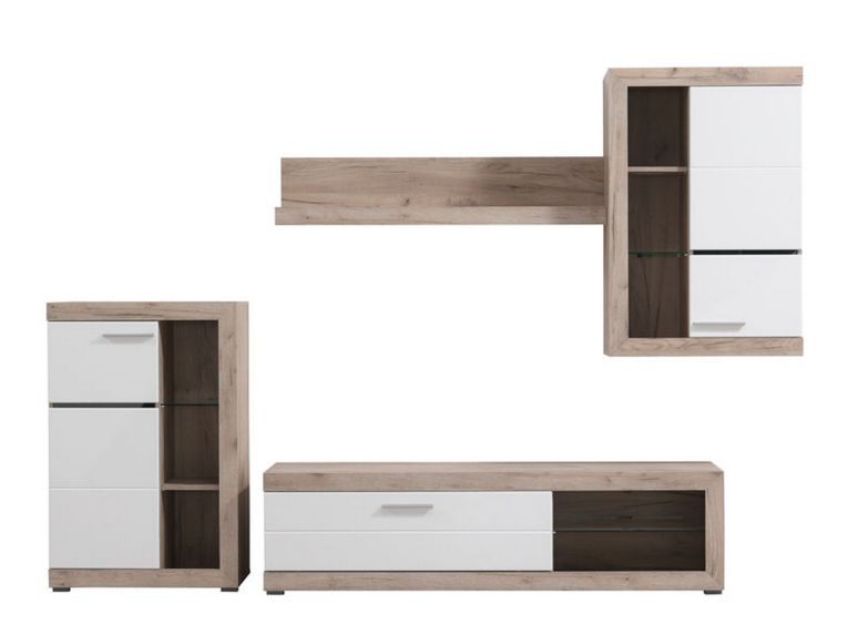 Parete Attrezzata Bianco Marrone Rovere Grigio 10 Ripiani 3 Ante 266.5x41.5x186h cm, Ripiani in Vetro - Dongo