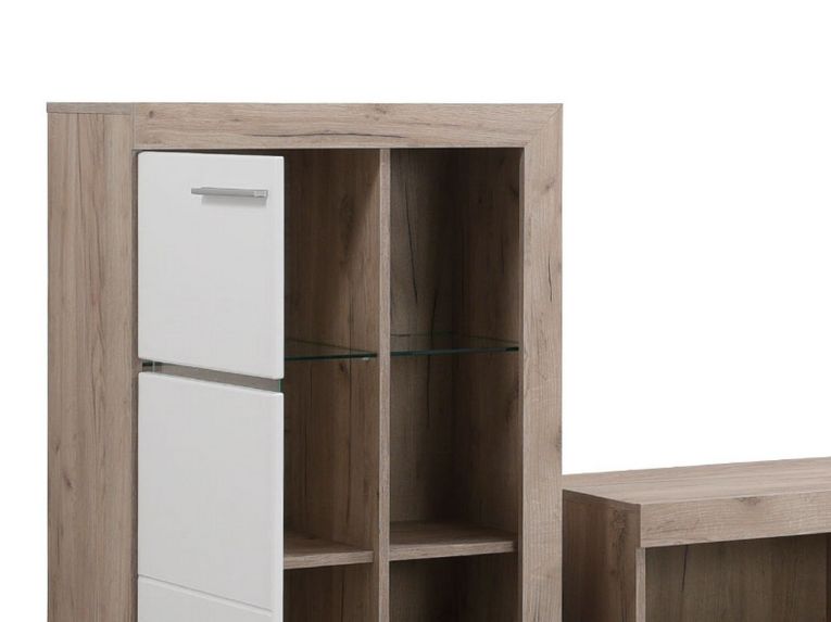 Parete Attrezzata Bianco Marrone Rovere Grigio 10 Ripiani 3 Ante 266.5x41.5x186h cm, Ripiani in Vetro - Dongo