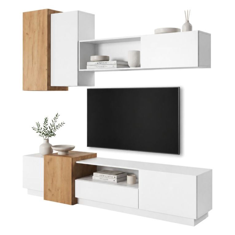 Parete Attrezzata Bianco Marrone Rovere Modulabile 8 Ripiani, 13 Vani - Kamolofa