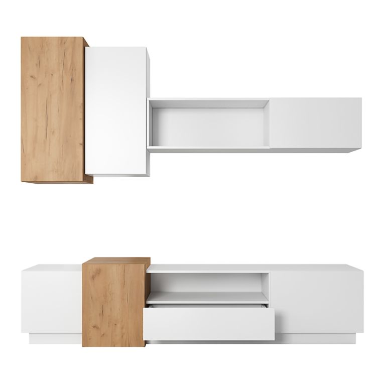 Parete Attrezzata Bianco Marrone Rovere Modulabile 8 Ripiani, 13 Vani - Kamolofa