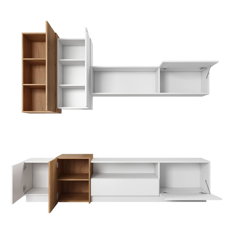 Parete Attrezzata Bianco Marrone Rovere Modulabile 8 Ripiani, 13 Vani - Kamolofa