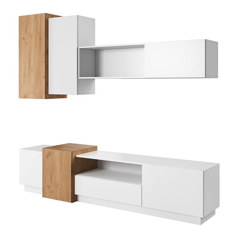 Parete Attrezzata Bianco Marrone Rovere Modulabile 8 Ripiani, 13 Vani - Kamolofa