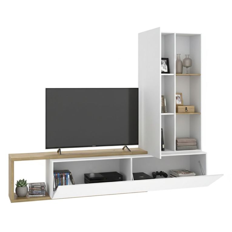 Parete Attrezzata Bianco Marrone Rovere Nodi Modulabile 7 Ripiani, Cassetti - Vicksburg