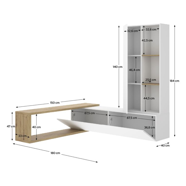 Parete Attrezzata Bianco Marrone Rovere Nodi Modulabile 7 Ripiani, Cassetti - Vicksburg