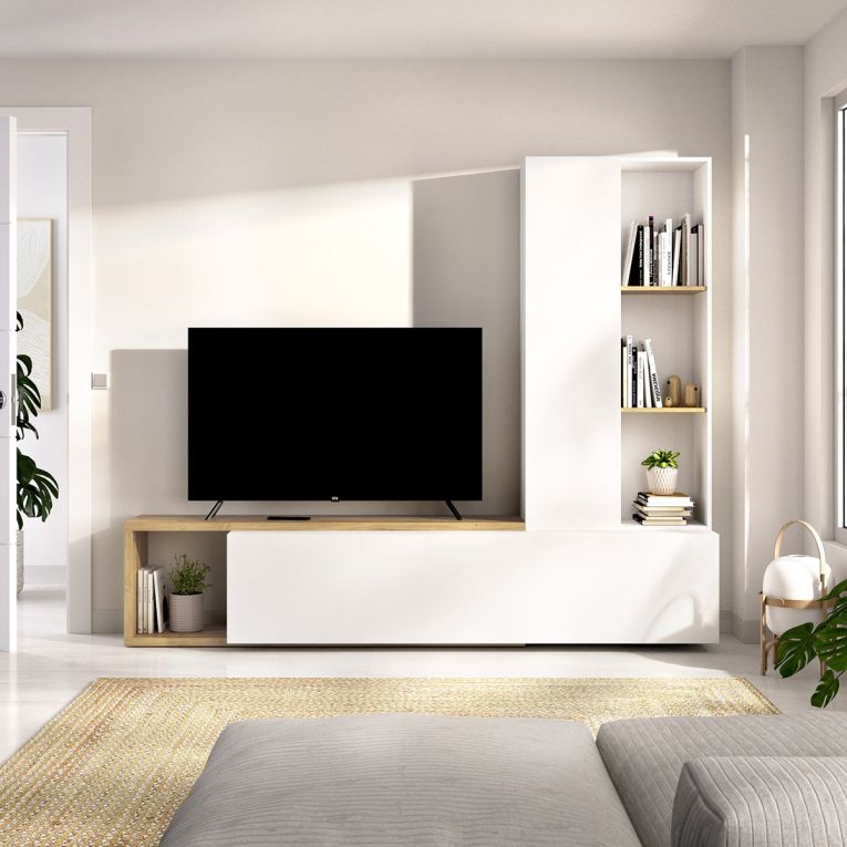Parete Attrezzata Bianco Marrone Rovere Nodi Modulabile 7 Ripiani, Cassetti - Vicksburg