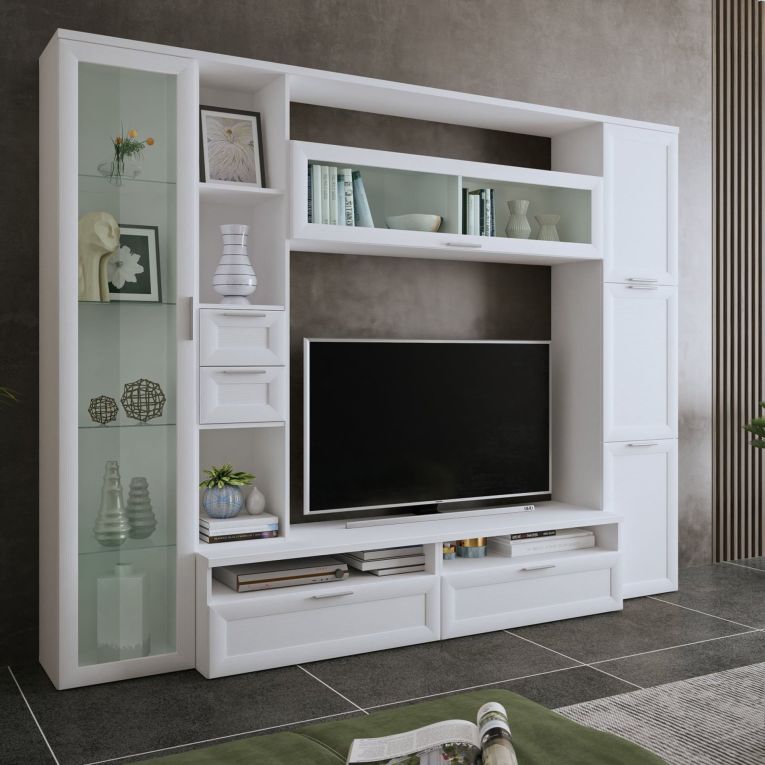 Parete Attrezzata Bianco Modulabile 4 Cassetti, 8 Ripiani - Carenno