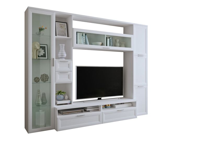 Parete Attrezzata Bianco Modulabile 4 Cassetti, 8 Ripiani - Carenno