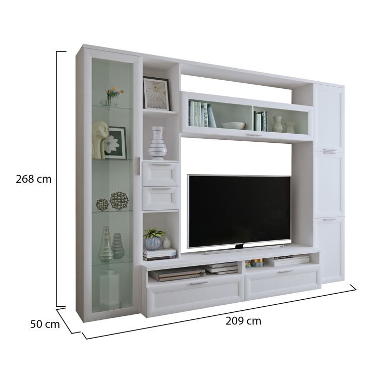 Parete Attrezzata Bianco Modulabile 4 Cassetti, 8 Ripiani - Carenno