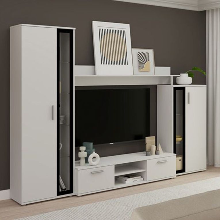 Parete Attrezzata Bianco Nero Modulabile 9 Ripiani, 2 Cassetti - Linafa